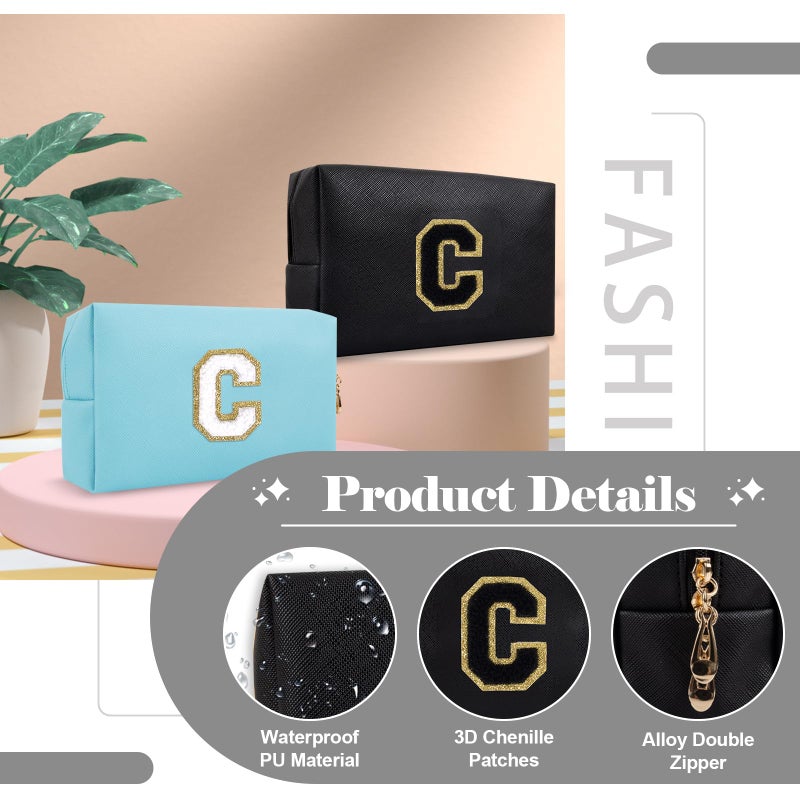 ChaoGreat حقيبة مكياج أولية مخصصة من A-Z Preppy Patch حقيبة مستحضرات تجميل صغيرة على شكل حرف Pu Chenille مع سحاب للفتيات المراهقات، حقيبة سوداء لطيفة لتنظيم أدوات الزينة، حقيبة مكياج هدية للنساء والفتيات حرف C - Image 3