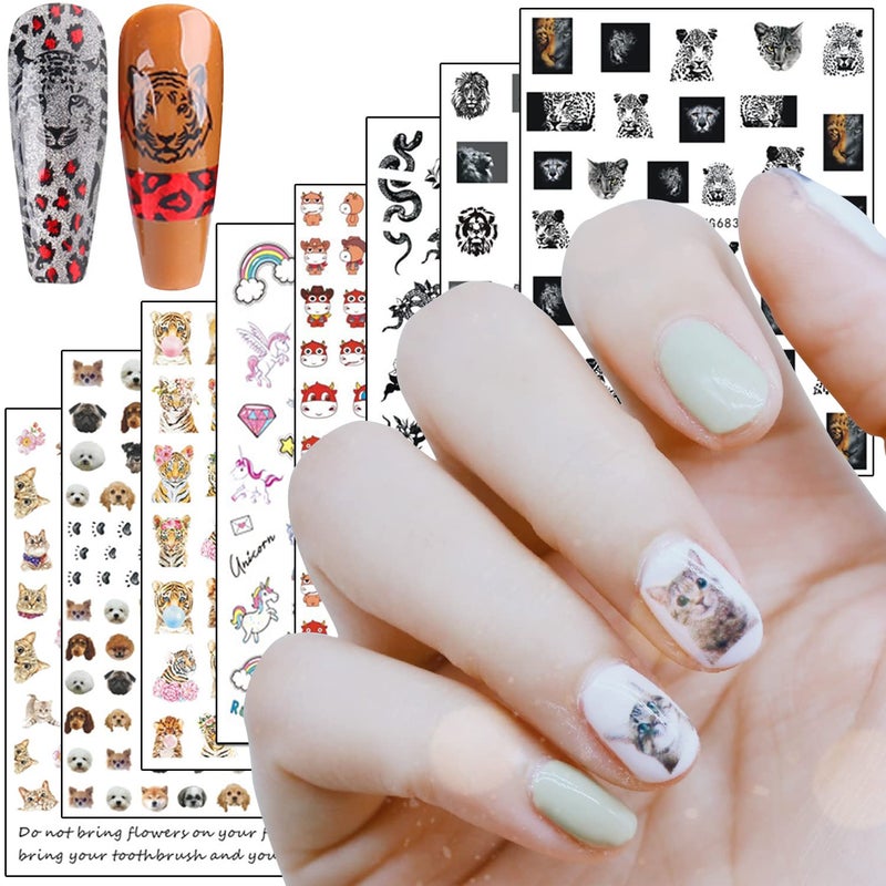 8 Designs Animal Nail Art Stickers Decals Cat Dog Cow Unicorn Snake Tiger Leopard Lion Nail Transfer Decals 3D Pet Nail SelfAdhesive Sticker Acrylic Supplies for Women Manicure Tips Decorations