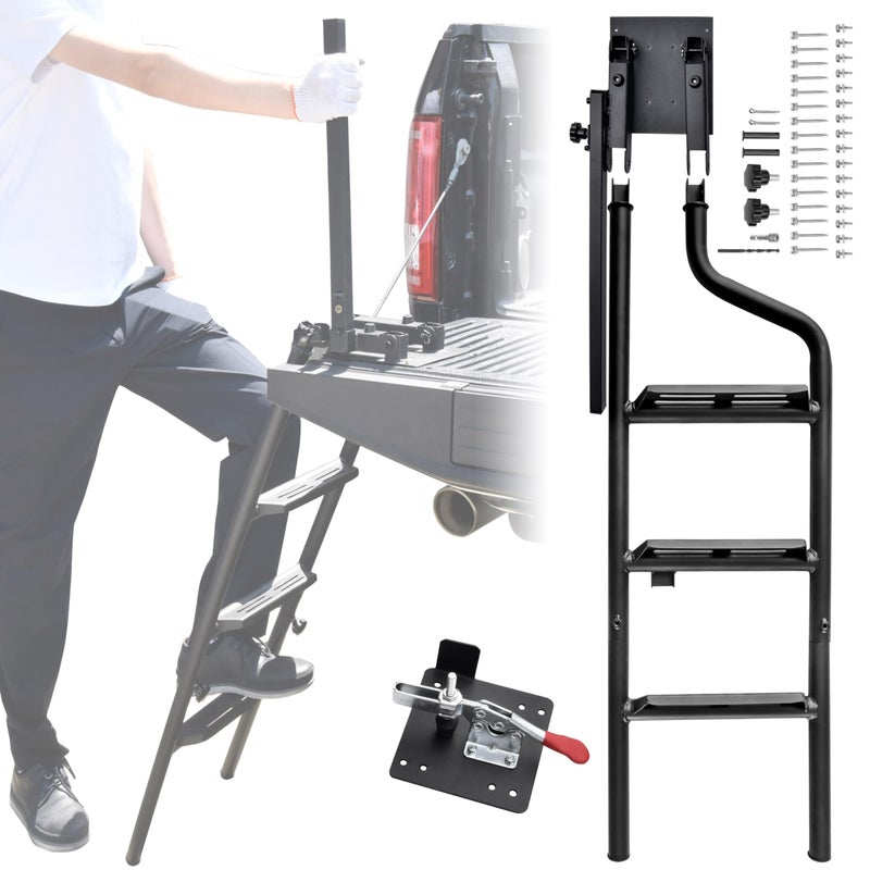 POKIAUTO 45 Foldable Pickup Truck Tailgate Ladder with Grab Handle Heavy Duty Universal Folding Tailgate Step Ladder with Handrail for Pickup Truck F250 RAM 2500 etc Accessories