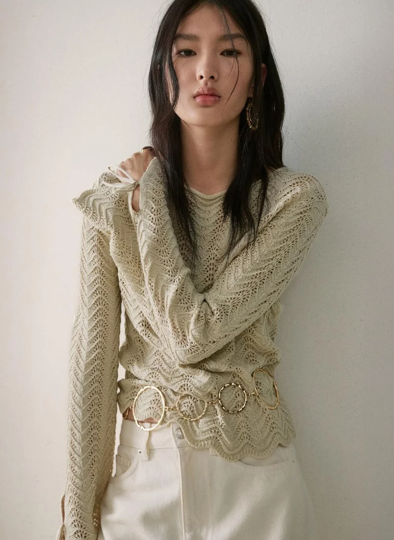 مانجو Openwork Knit Sweater With Slit Sleeves