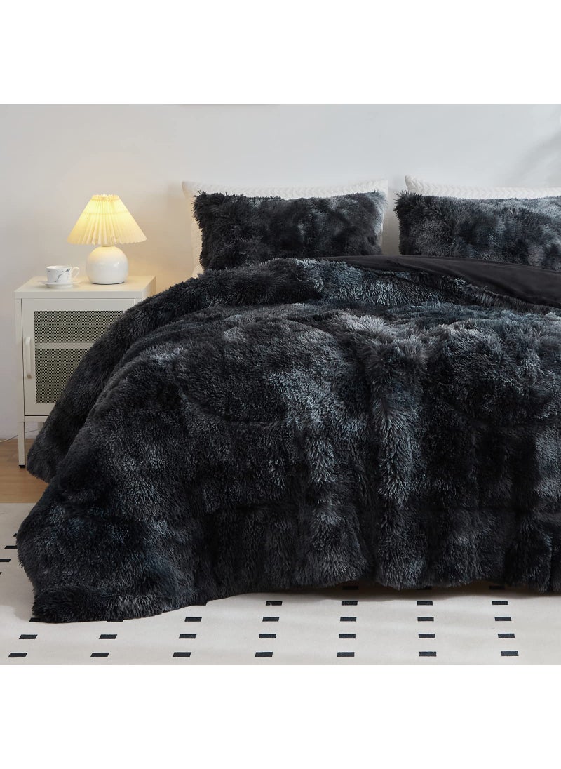 Wajade Wajade Faux Fur Plush Black Comforter Set Fluffy Fuzzy Shaggy Bedding Set  3PC FullQueen Microfiber Soft Warm Quilt Set 