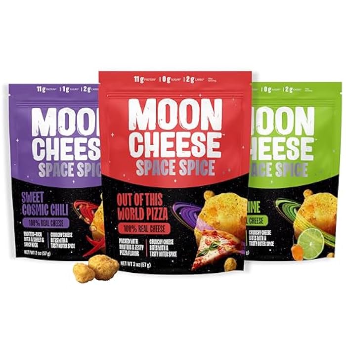 Moon Cheese Space Spice, Variety Pack, Crunchy, Protein-Rich Cheese Snack, Keto Friendly, 100% Real Cheese, Low Carb, Gluten-Free, Low Sugar, 2 Oz bags (Pack of 3, 1 of Each Flavor) - Image 1