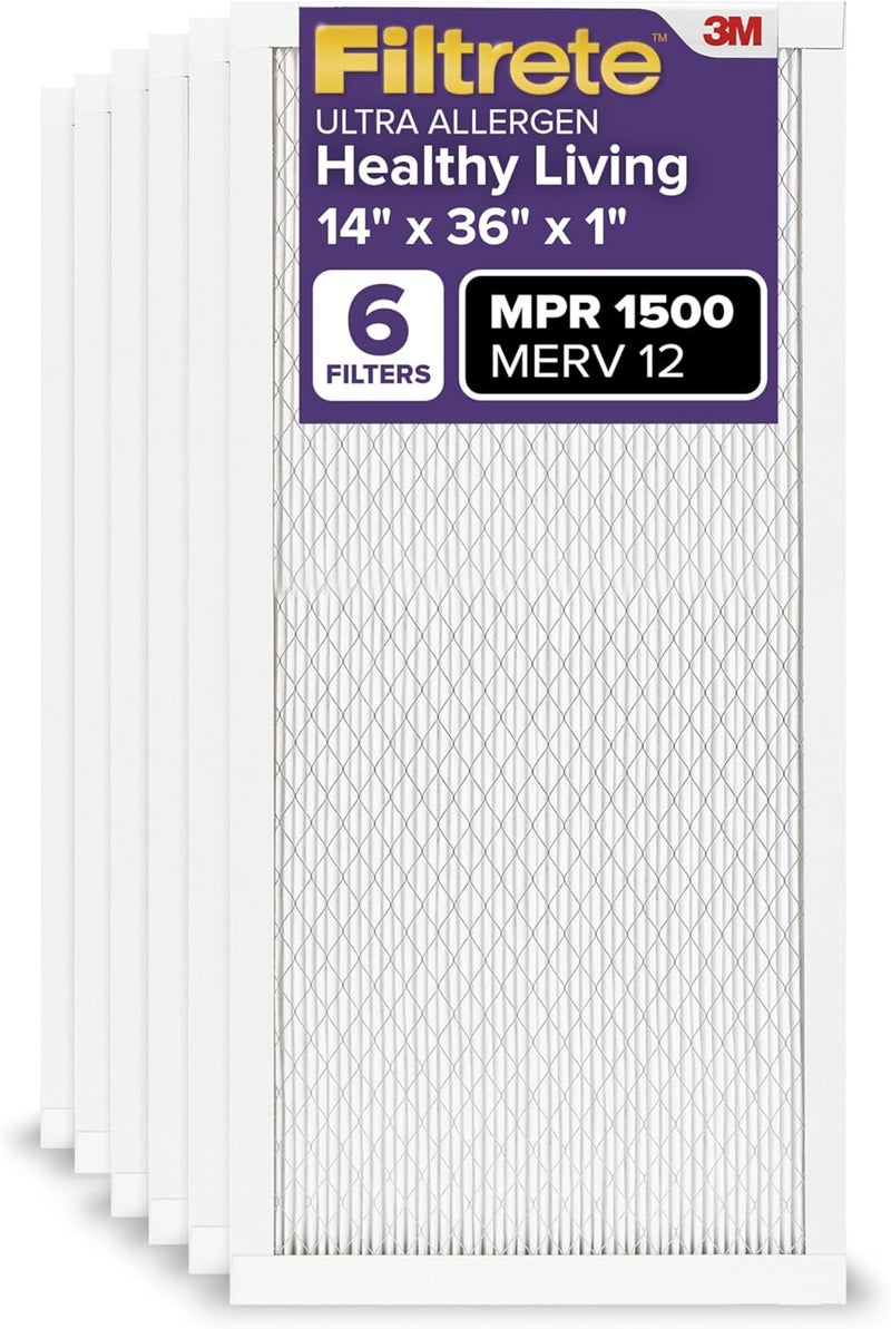 FILTRETE 14x36x1 AC Furnace Air Filter, MERV 12, MPR 1500, CERTIFIED asthma & allergy friendly, 3 Month Pleated 1-Inch Electrostatic Air Cleaning Filter, 6-Pack (Actual Size 13.81x35.81x0.78 in) - Image 1