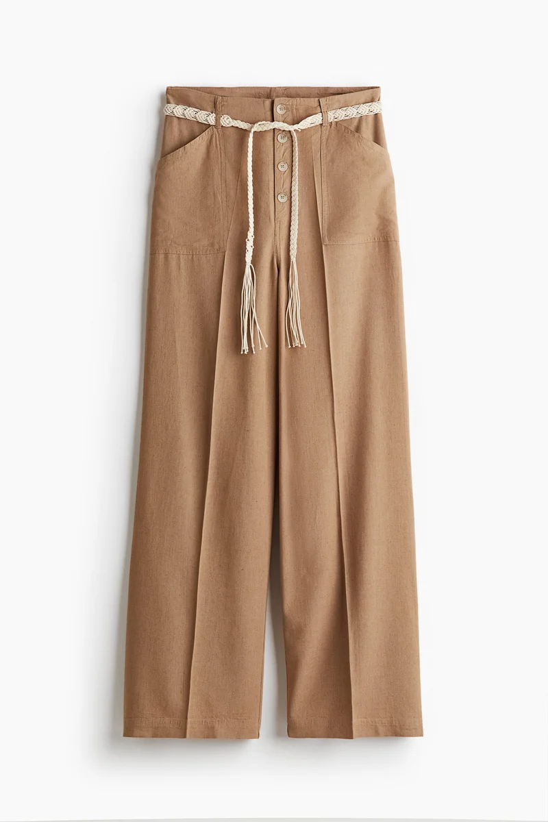 H&M Linen-Blend Tie-Belt Trousers