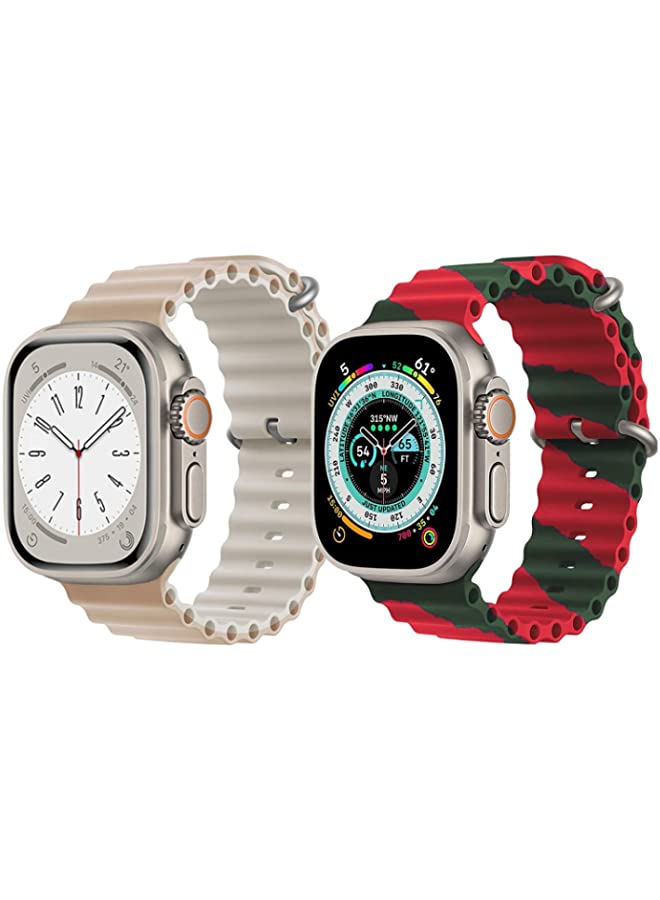 IAF Silicone Ocean Band Strap for Apple Watch Ultra 8 49mm Beige/White Double Side Strap with Red/Green Double Line Strap Set of 2