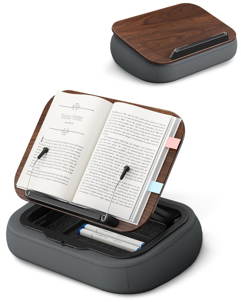 Viozon Lap Book Pillow Stand with Storage, Adjustable Beanbag Reading Pillow with Dark Wood Panel, Multi-Angle Book Holder for Hands-Free Reading in Bed or Sofa,Book Lover Essential,Soft Cushion - Image 1