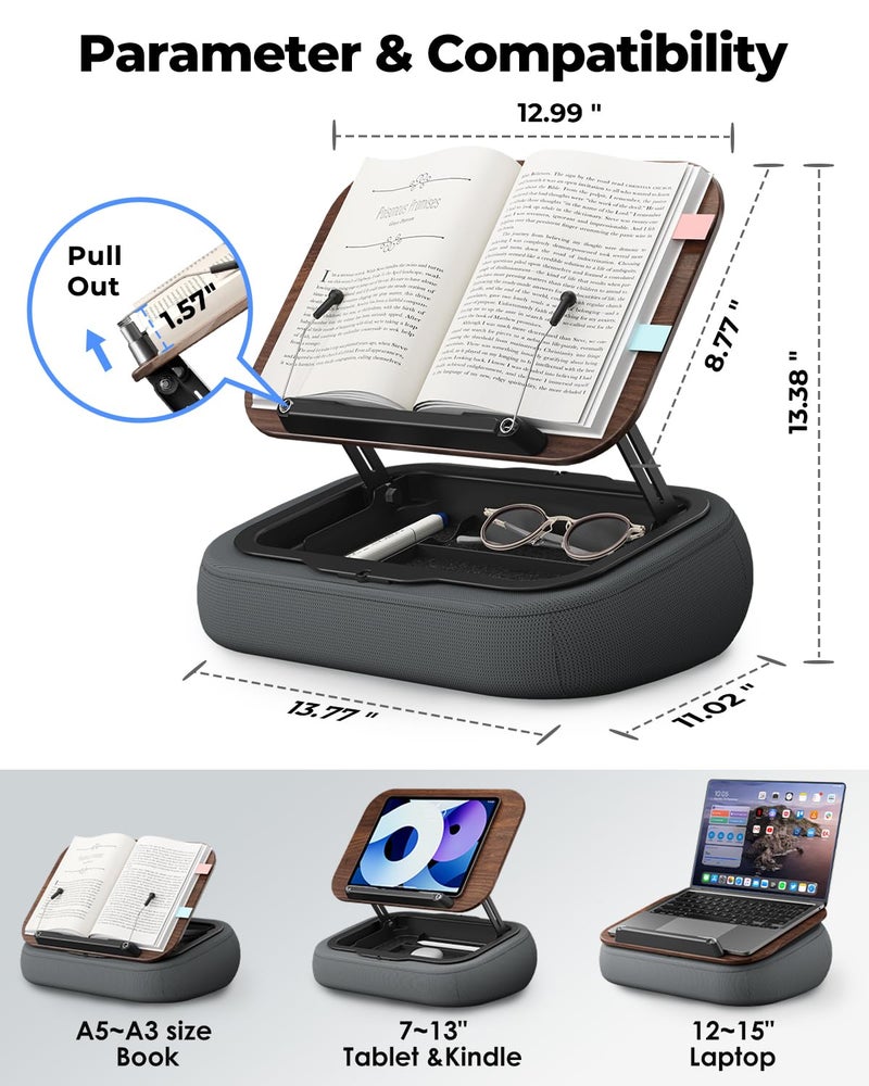 Viozon Lap Book Pillow Stand with Storage, Adjustable Beanbag Reading Pillow with Dark Wood Panel, Multi-Angle Book Holder for Hands-Free Reading in Bed or Sofa,Book Lover Essential,Soft Cushion - Image 3