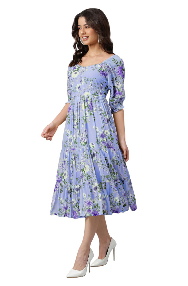 Janasya Women's Lavender Georgette Floral Printed Tiered Dress (JNE4176-DR-J-XS) - Image 3