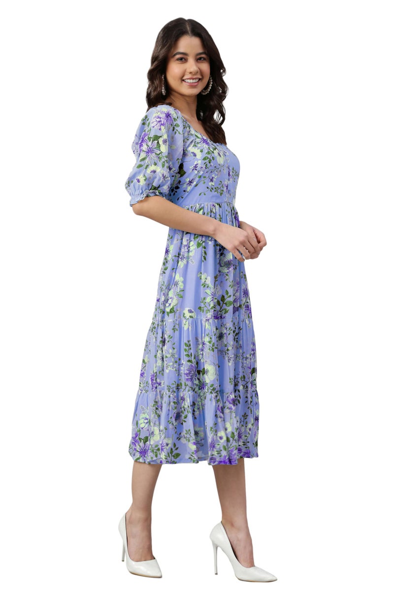 Janasya Women's Lavender Georgette Floral Printed Tiered Dress (JNE4176-DR-J-XS) - Image 4