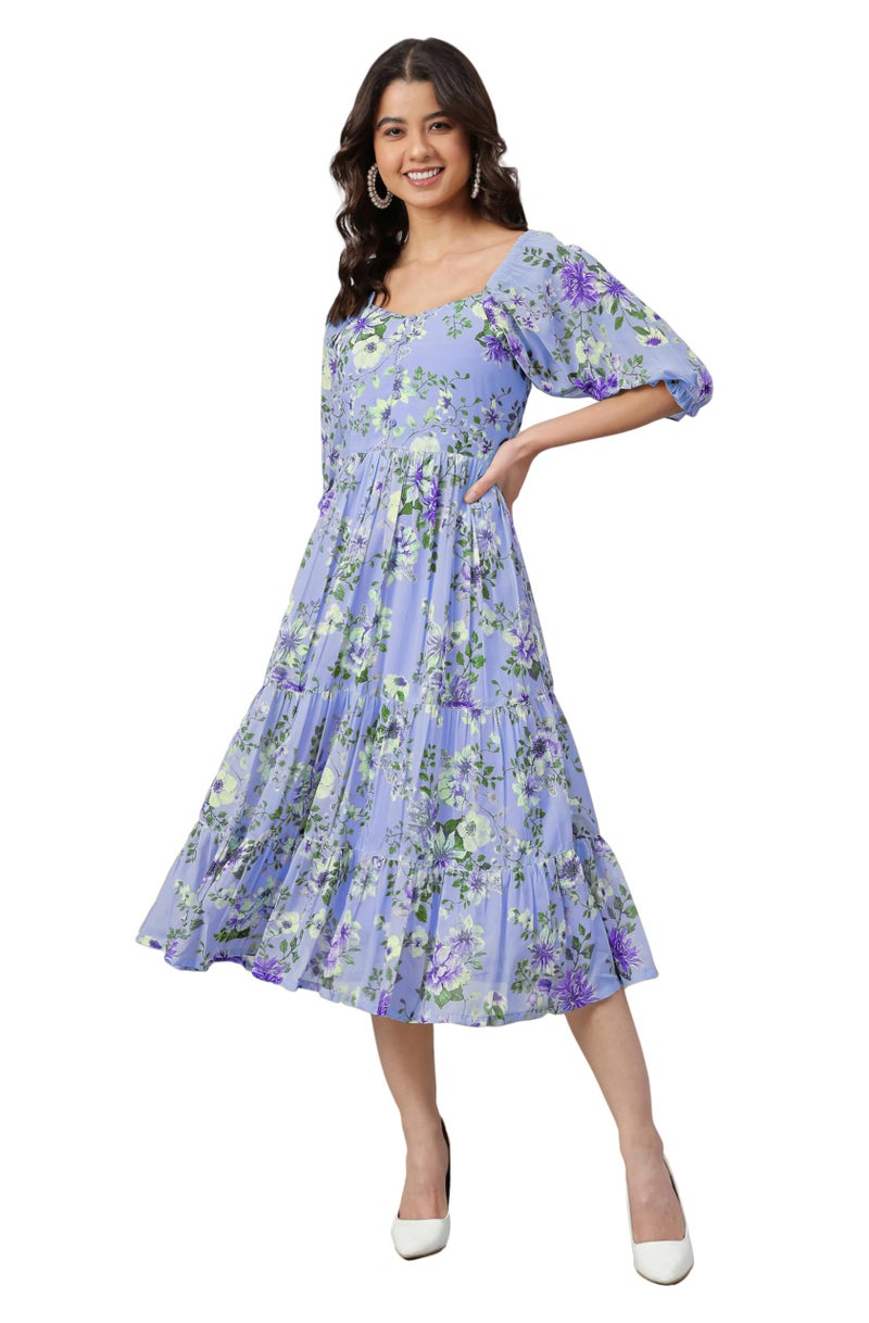 Janasya Women's Lavender Georgette Floral Printed Tiered Dress (JNE4176-DR-J-XS) - Image 1