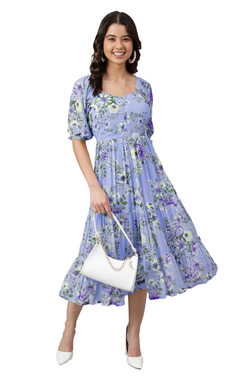 Janasya Women's Lavender Georgette Floral Printed Tiered Dress (JNE4176-DR-J-XS) - Image 2