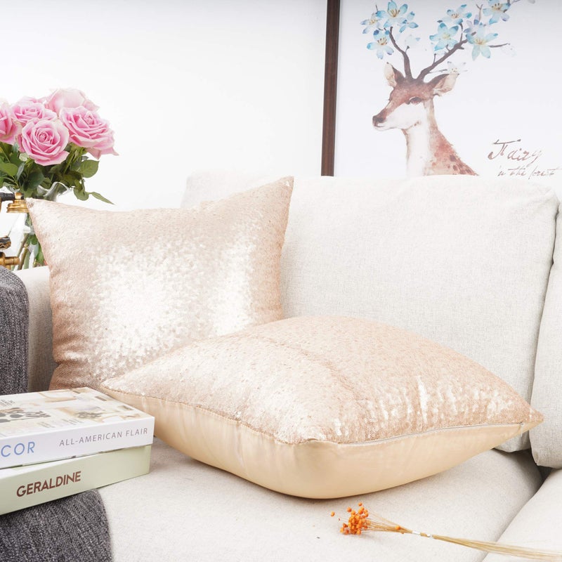 YOUR SMILE Pack of 2  New Luxury Series Rose Gold Champagne Decorative Glitzy Sequin & Comfy Satin Throw Pillow Cover Cushion Case for Wedding/Christmas 20""x20"" - Image 3