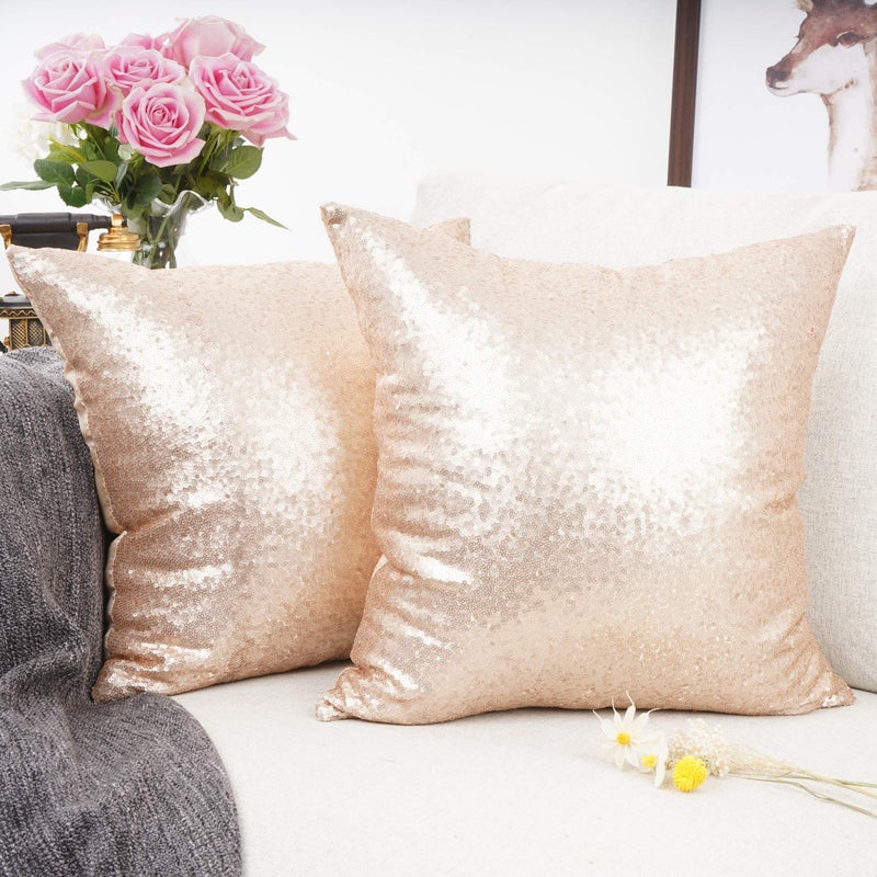 YOUR SMILE Pack of 2  New Luxury Series Rose Gold Champagne Decorative Glitzy Sequin & Comfy Satin Throw Pillow Cover Cushion Case for Wedding/Christmas 20""x20"" - Image 2