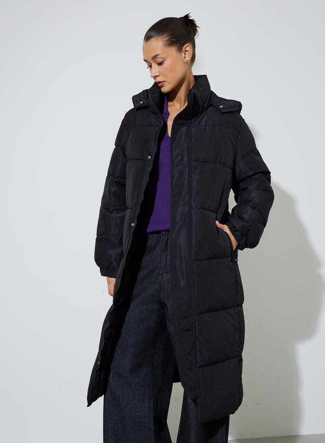 Styli Black Solid Regular Fit Padded Midi Coat - Image 1