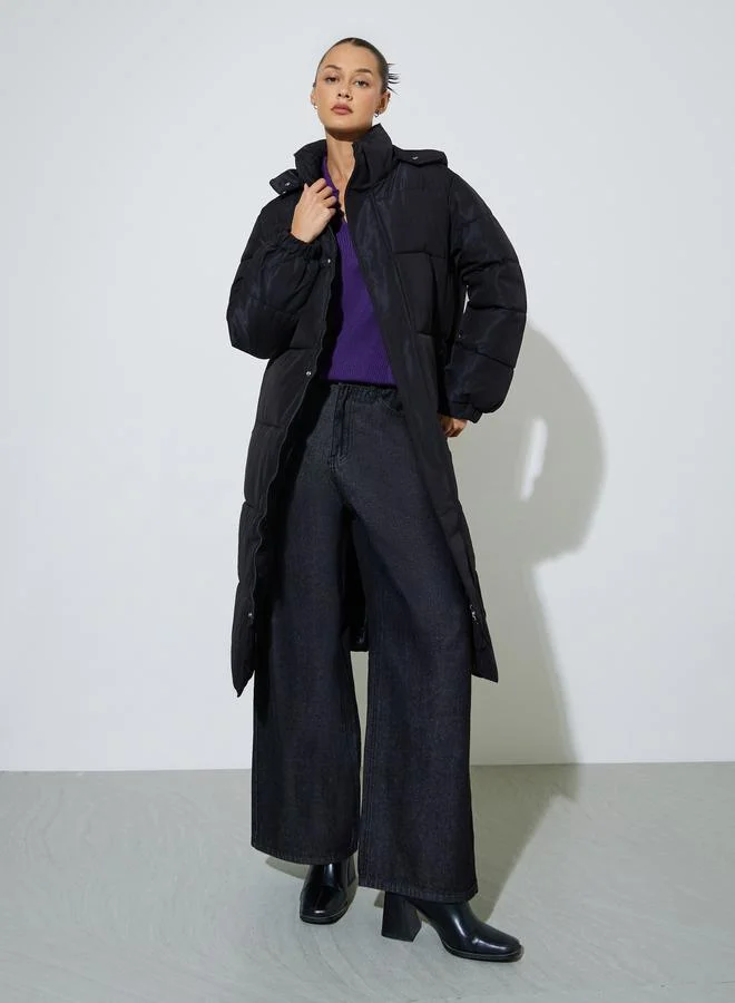 ستايلي معطف مبطن متوسط الطول بقصة عادية - أسود