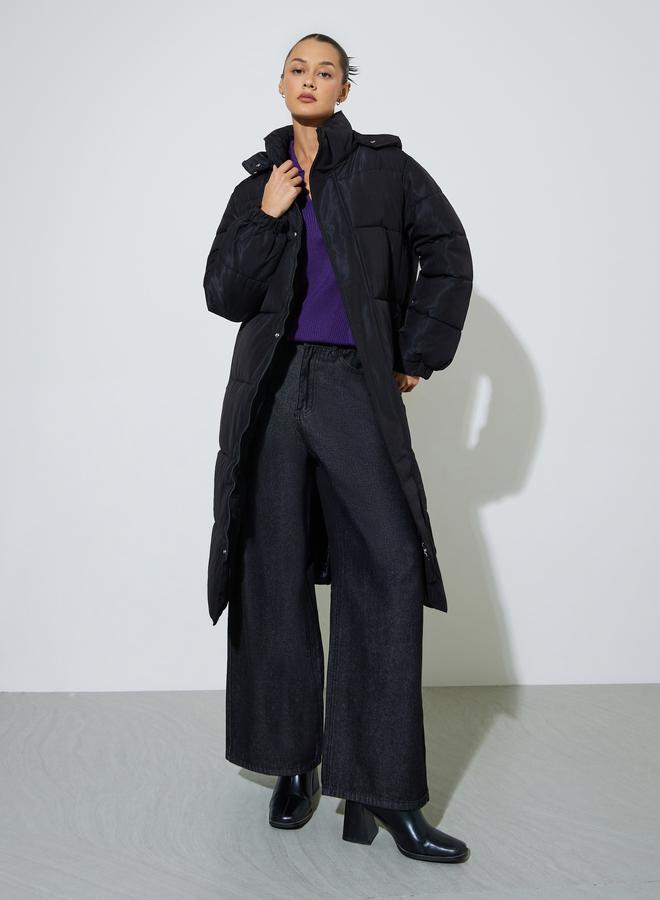 Styli Black Solid Regular Fit Padded Midi Coat - Image 2