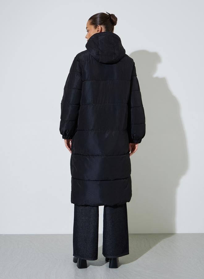 Styli Black Solid Regular Fit Padded Midi Coat - Image 4