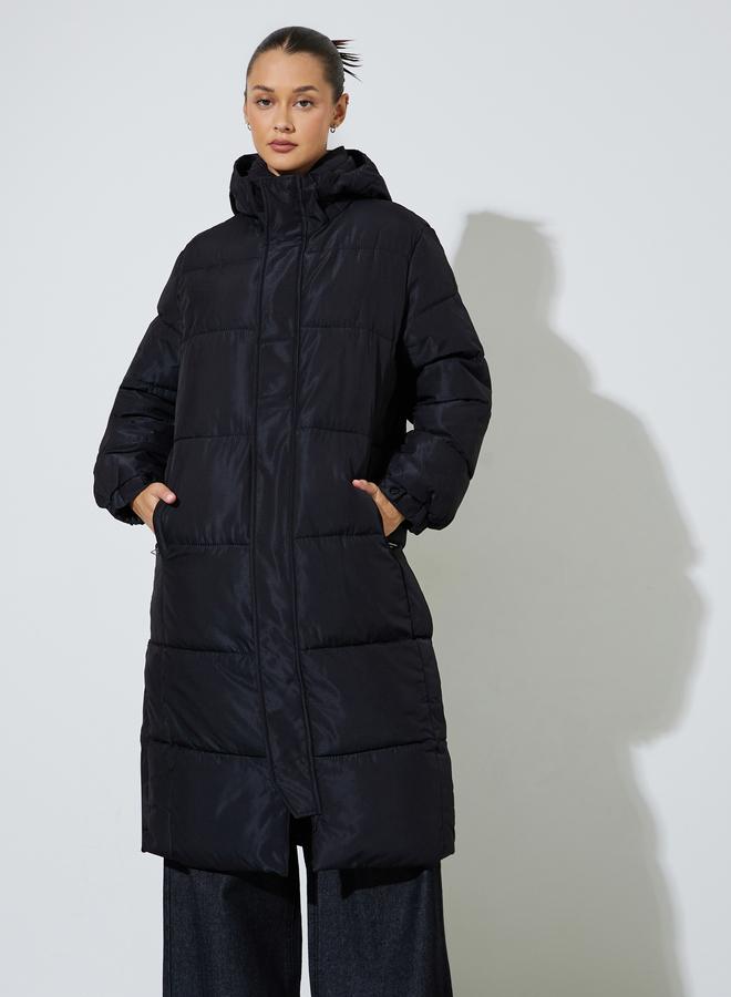 Styli Black Solid Regular Fit Padded Midi Coat - Image 5