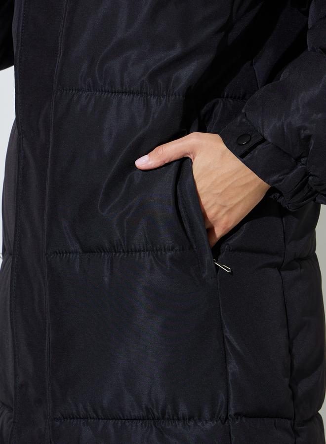 Styli Black Solid Regular Fit Padded Midi Coat - Image 3