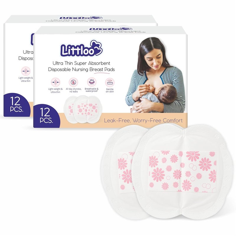 Littloo Ultra Thin Disposable Nursing Breast Pads - 12 Count (Pack of 2) | Super Absorbent, Individually Wrapped, Leak-Proof & Soft | Lightweight, Waterproof & Breathable - Image 1