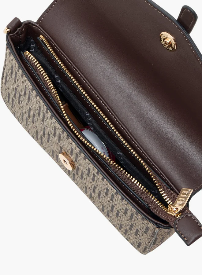 ELLE Women's Monogram Print Crossbody Bag with Chain Strap and Button Closure