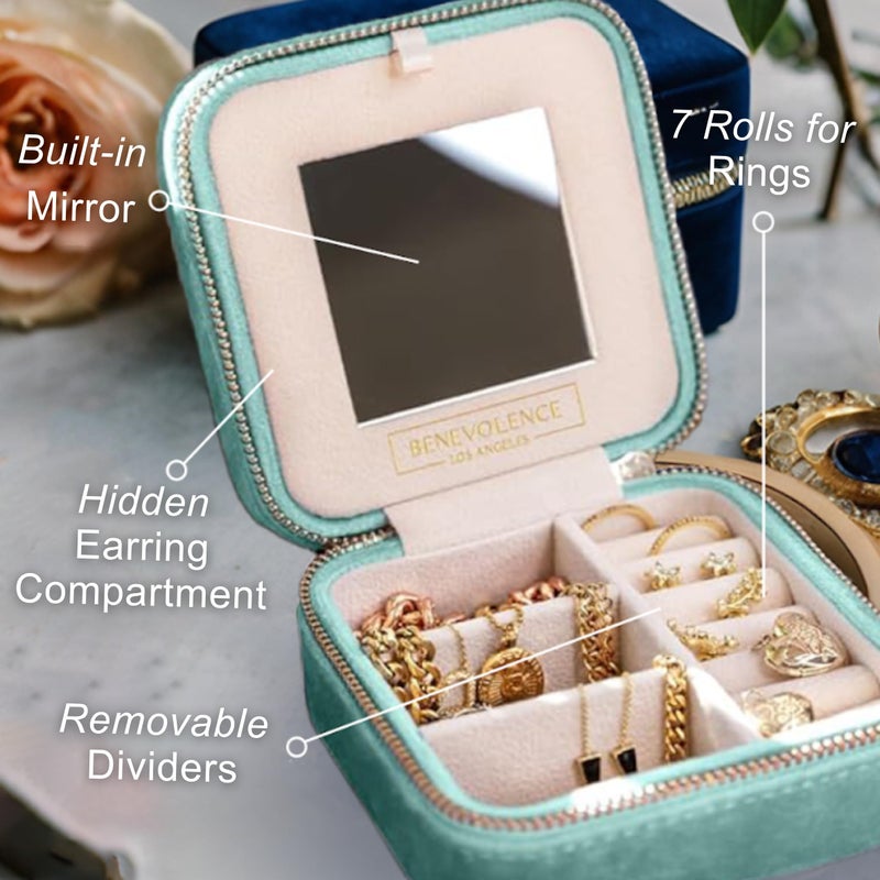 Benevolence LA Plush Velvet Jewelry Box | Travel Jewelry Case Organizer with Mirror | Featured in Oprah's Favorite Things | Best Gifts For Daughter, Girlfriend, Mom | Gifts For Her - Periwinkle Blue - Image 3