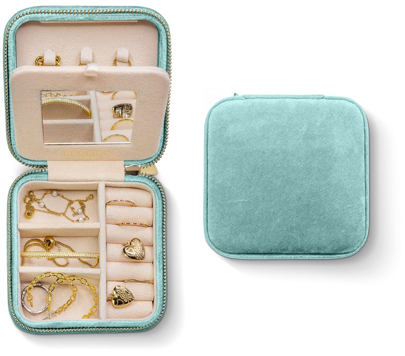 Benevolence LA Plush Velvet Jewelry Box | Travel Jewelry Case Organizer with Mirror | Featured in Oprah's Favorite Things | Best Gifts For Daughter, Girlfriend, Mom | Gifts For Her - Periwinkle Blue - Image 1