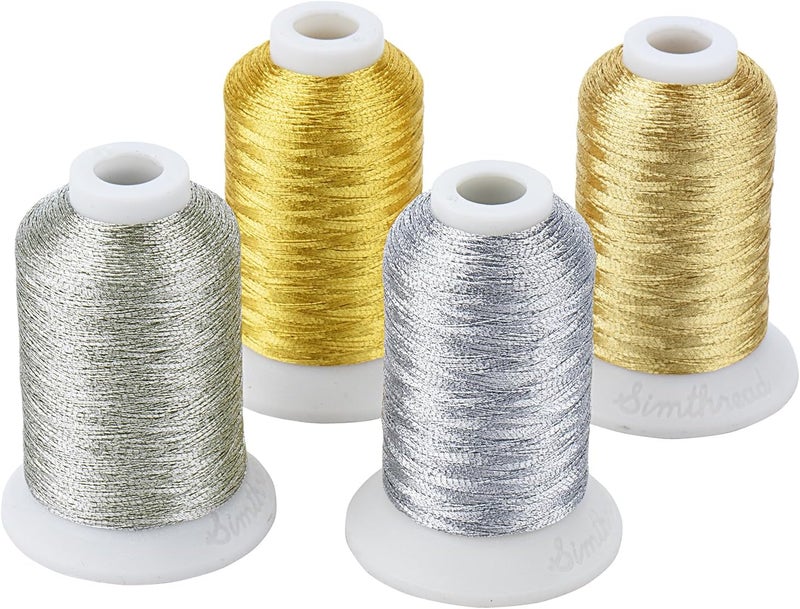 simthread 4 Spools (2 Gold+ 2 Silver Colors) Metallic Embroidery Machine Thread 500M(550Y) for Embroidery and Decorative Sewing - Image 1