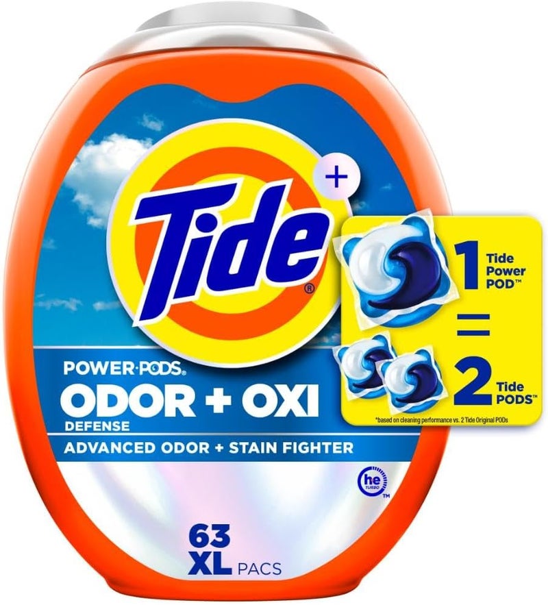 حزم Tide Ultra OXI Power PODS مع مزيلات الروائح، عبوات منظف ملابس، 63 قطعة للأوساخ الظاهرة والخفية - Image 1