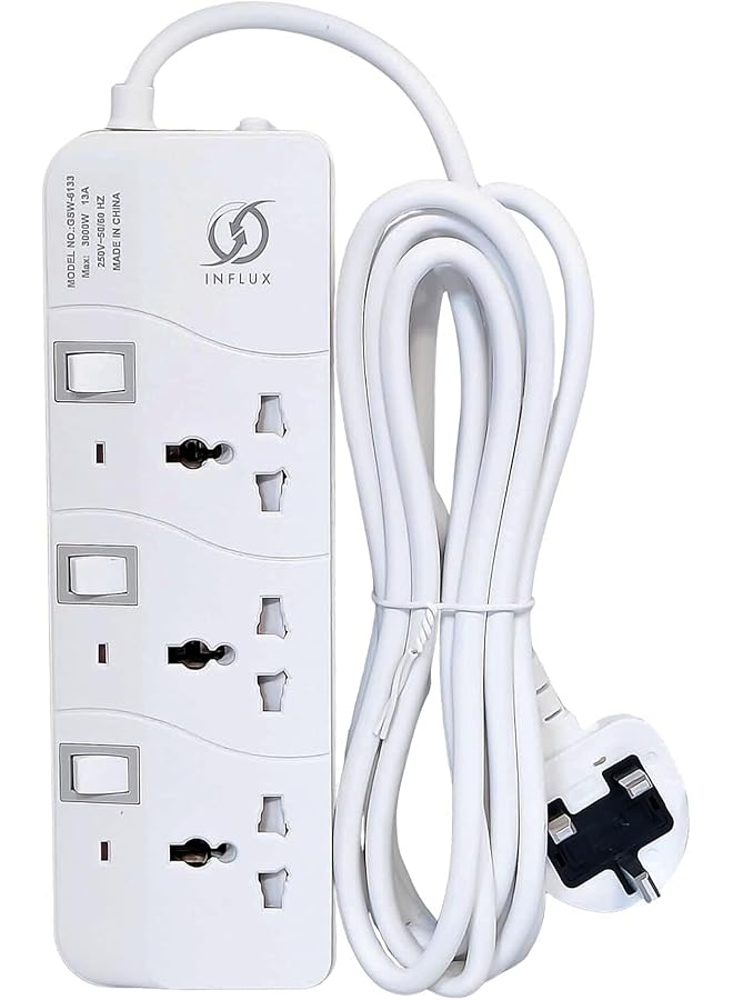 INFLUX Extension Cord, 3-Outlet 3-Meter, Versatile Multi-Plug Power Extension Cable for Safe and Efficient Power Distribution – Ideal Extension Plug for Home, Office with individual safety buttons