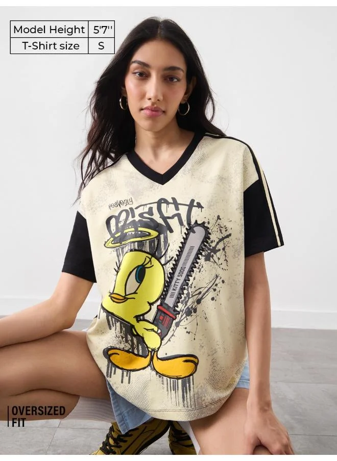The Souled Store The Souled Store Women Tweety Sequins Embroidery Multicolour Oversized T-shirts
