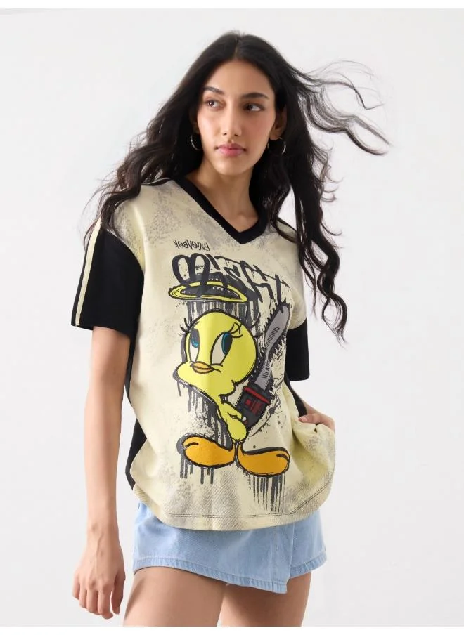 The Souled Store The Souled Store Women Tweety Sequins Embroidery Multicolour Oversized T-shirts