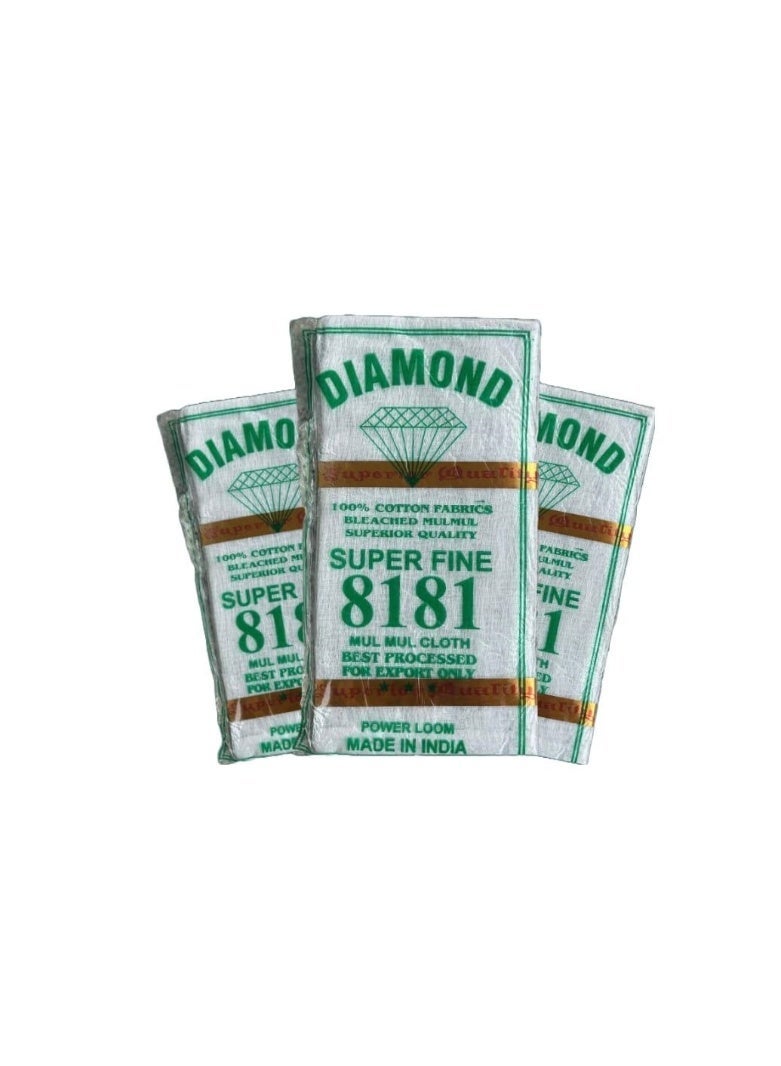 Diamond Pack Of 3 8181 Bleached Mulmul Cotton Cloth, 100% Cotton Super Fine Fabric, Power Loom White Cotton Material, Superior Quality Cloth for Tailoring, Lining, Crafting & General Use - Image 1