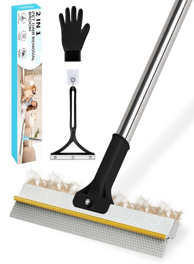 VTOPVMAX Carpet Rake for Pet Hair Removal - Upgraded 2-in-1 Carpet Broom with Copper Scraper & TPU Brush, 54’’ Adjustable Long Handle Reusable Cat Dog Hair Remover Tool for Deep Cleaning Rugs, Mats (Black) - Image 1