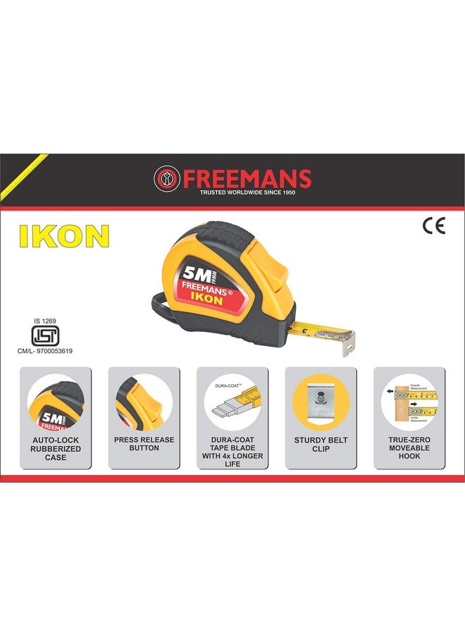 FREEMANS FREEMANS IKON 5m:19mm Steel Inchi Measuring Tape - 5m (Yellow & Black) With Unbreakable ABS case || Soft Grip Bi-material Case || Auto-lock and Belt Clip  - Image 3
