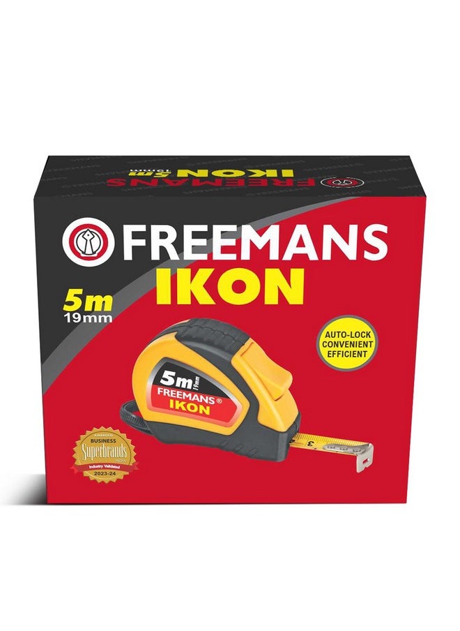 FREEMANS FREEMANS IKON 5m:19mm Steel Inchi Measuring Tape - 5m (Yellow & Black) With Unbreakable ABS case || Soft Grip Bi-material Case || Auto-lock and Belt Clip  - Image 2