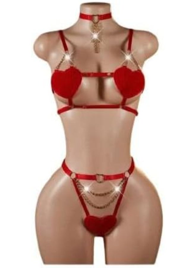 هنادى قميص نوم شكل قلوب نسائي بخامة استك عالية الجودة مع سلاسل انثوية فاخرة – بيكيني فرى سايز يناسب معظم الأجسام – HN 9034 - Image 3