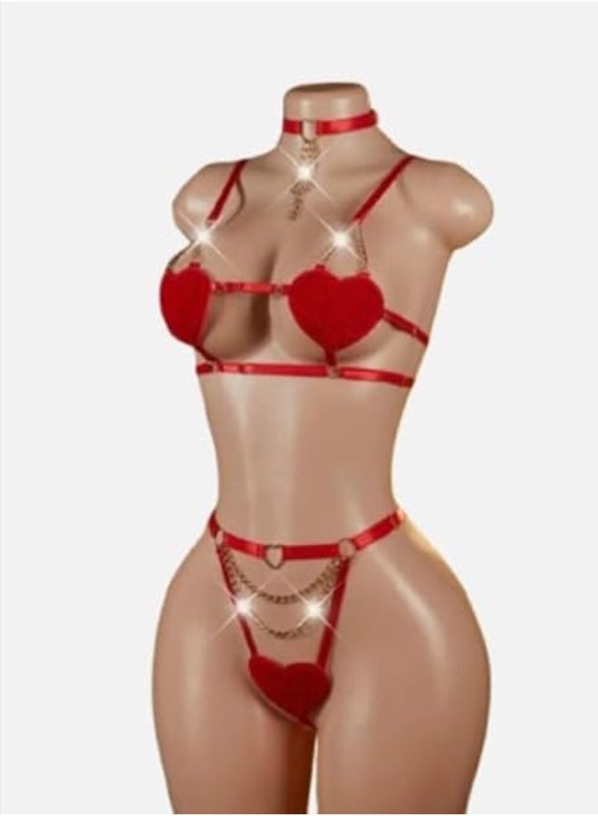 هنادى قميص نوم شكل قلوب نسائي بخامة استك عالية الجودة مع سلاسل انثوية فاخرة – بيكيني فرى سايز يناسب معظم الأجسام – HN 9034 - Image 1