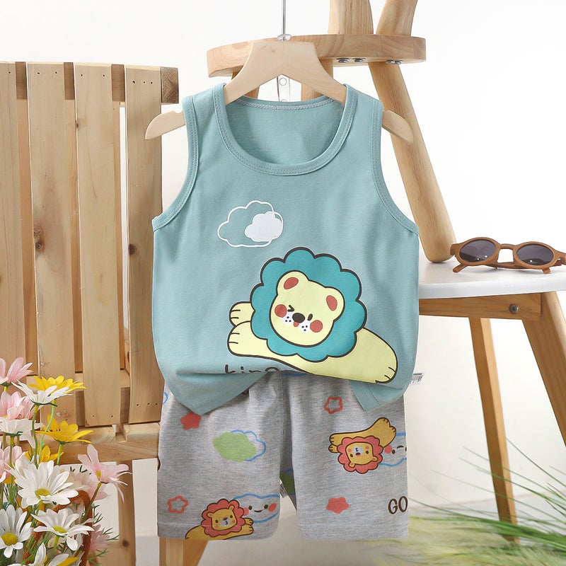 Kids Cotton Vest Set Summer 2024 E24-Little Blue Lion 
