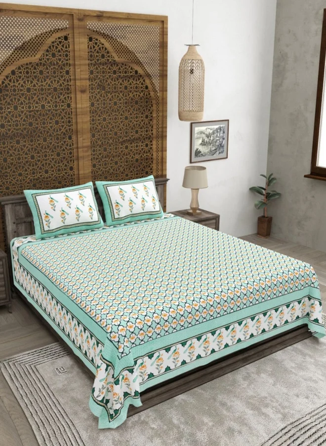 CLOTHOLOGY CLOTHOLOGY Sea Green & White Printed Pure Cotton 180 TC King Bedsheet Set