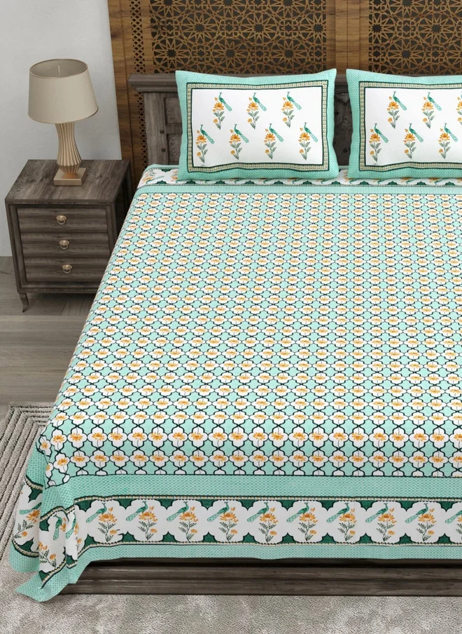 CLOTHOLOGY CLOTHOLOGY Sea Green & White Printed Pure Cotton 180 TC King Bedsheet Set