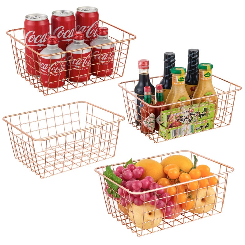 JUNCHU CHERRY Wire Kitchen Storage Basket 4 PacksPerfect Pantry Organization Accessories BasketsLaundry BasketCountertop OrganizationSuitable for KitchenBathroomBedroomTabletopRose gold