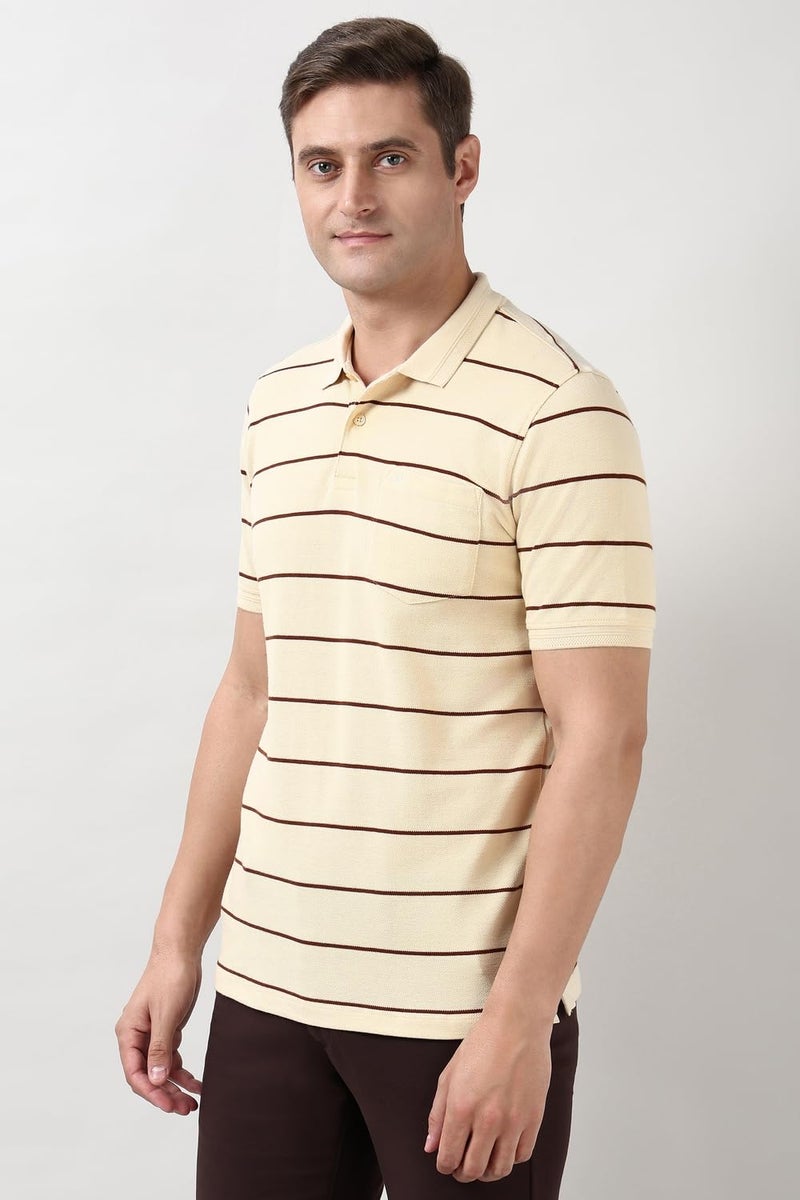 Peter England | Men's Cotton-Polyester Breton Stripe Polo Shirt | Casual Wear | Stylish & Comfortable Beige - Image 2