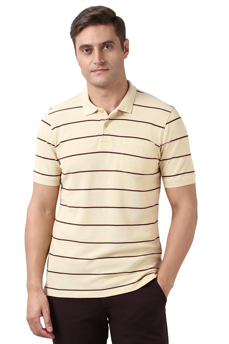 Peter England | Men's Cotton-Polyester Breton Stripe Polo Shirt | Casual Wear | Stylish & Comfortable Beige - Image 1