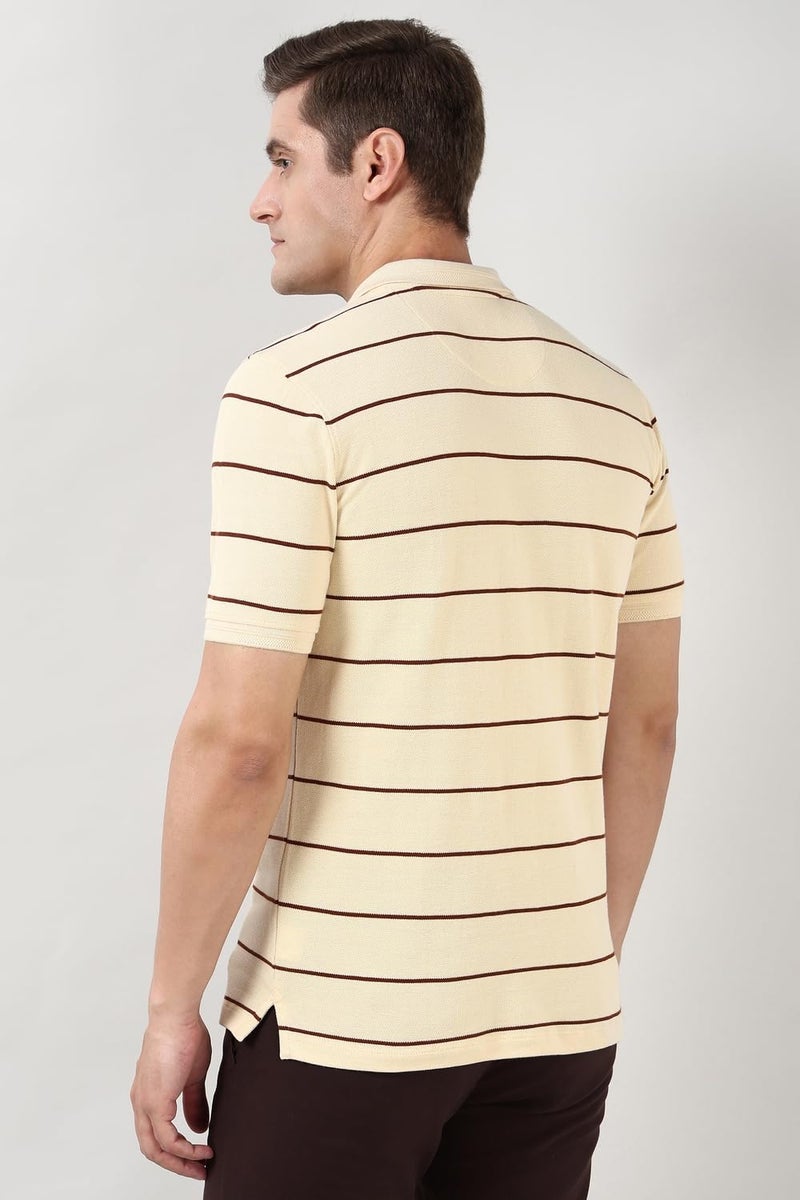 Peter England | Men's Cotton-Polyester Breton Stripe Polo Shirt | Casual Wear | Stylish & Comfortable Beige - Image 3