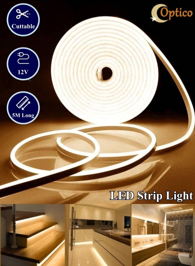 أوبتيكو مصباح شريطي LED، شريط إضاءة نيون 16.4 قدم/5 متر مصباح نيون شريطي إضاءة نيون أبيض دافئ 12 فولت مصباح نيون أبيض دافئ IP67 مقاوم للماء حبل إضاءة نيون مرن في الغلاف الجوي شريط إضاءة خلفية شريط إضاءة حائط قابل للقطع لغرفة النوم والديكور الداخلي والخارجي - Image 2