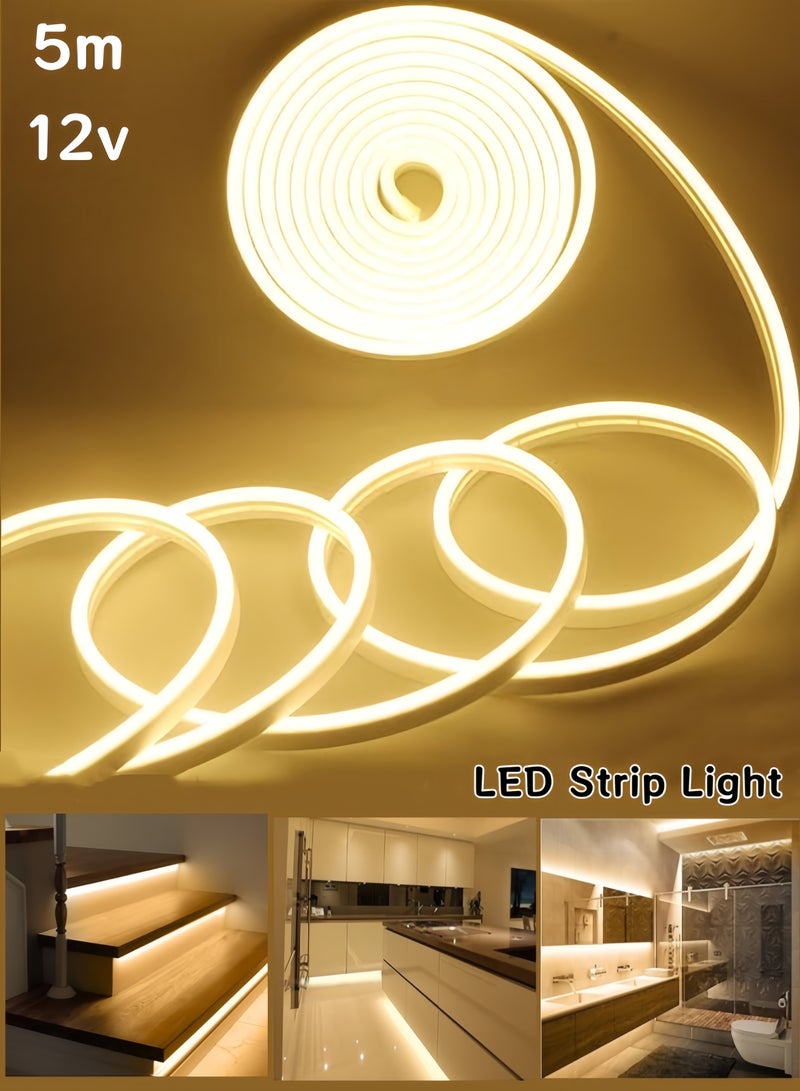 أوبتيكو مصباح شريطي LED، شريط إضاءة نيون 16.4 قدم/5 متر مصباح نيون شريطي إضاءة نيون أبيض دافئ 12 فولت مصباح نيون أبيض دافئ IP67 مقاوم للماء حبل إضاءة نيون مرن في الغلاف الجوي شريط إضاءة خلفية شريط إضاءة حائط قابل للقطع لغرفة النوم والديكور الداخلي والخارجي - Image 5