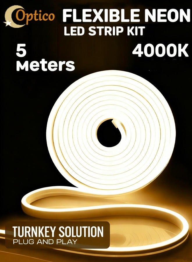 أوبتيكو مصباح شريطي LED، شريط إضاءة نيون 16.4 قدم/5 متر مصباح نيون شريطي إضاءة نيون أبيض دافئ 12 فولت مصباح نيون أبيض دافئ IP67 مقاوم للماء حبل إضاءة نيون مرن في الغلاف الجوي شريط إضاءة خلفية شريط إضاءة حائط قابل للقطع لغرفة النوم والديكور الداخلي والخارجي - Image 1