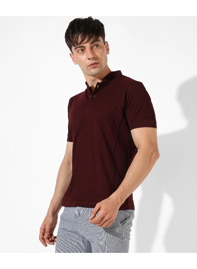 Campus Sutra Men's Maroon Textured Regular Fit Casual T-Shirt