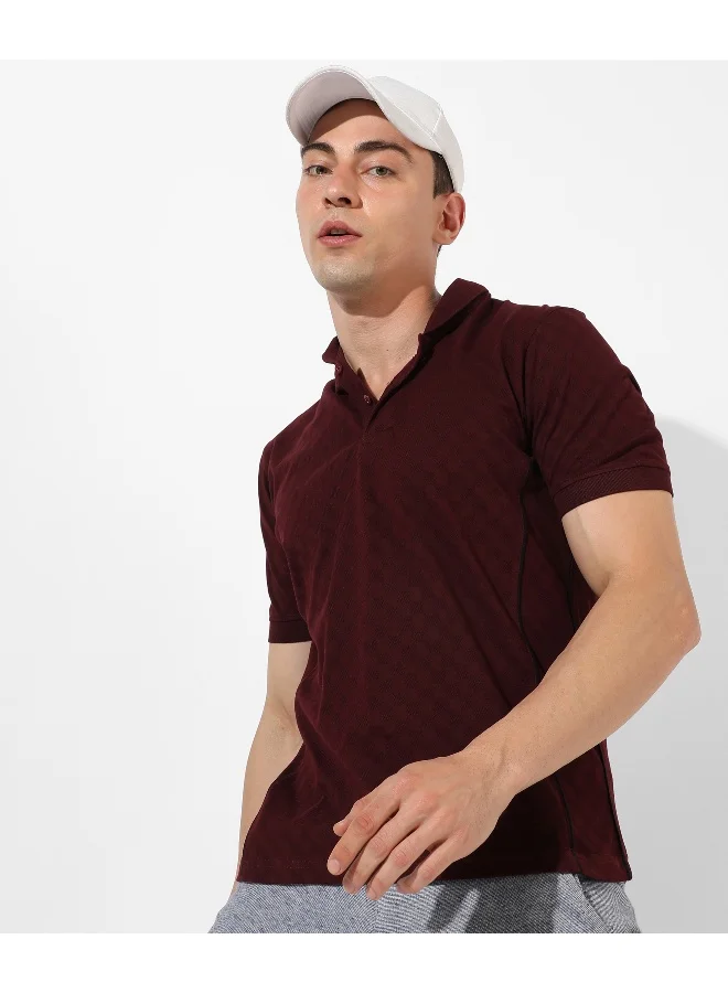 Campus Sutra Men's Maroon Textured Regular Fit Casual T-Shirt
